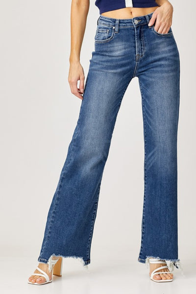 Explore More Collection - Risen Full Size High Rise Frayed Hem Wide Leg Jeans