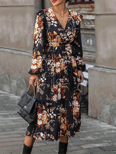 Explore More Collection - Ruffled Printed Surplice Long Sleeve Midi Dress