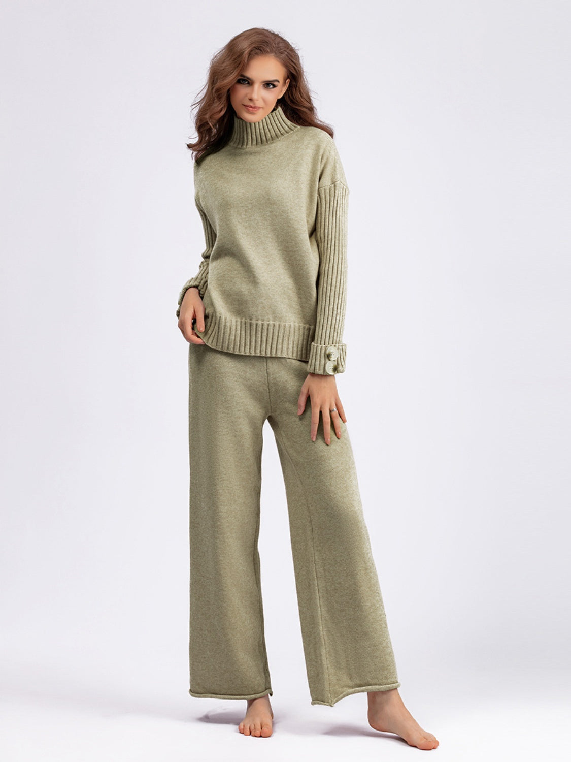 Explore More Collection - Basic Bae High- Low Turtleneck Long Sleeve Top and Pants Sweater Set