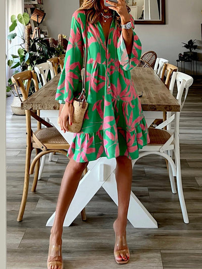 Explore More Collection - Printed Notched Long Sleeve Mini Dress