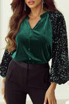 Explore More Collection - Sequin Notched Long Sleeve Blouse