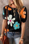 Explore More Collection - Flower Round Neck Short Sleeve Blouse