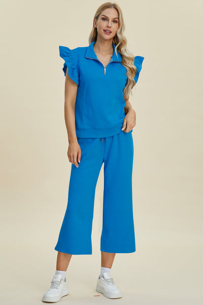 Explore More Collection - Double Take Full Size Texture Ruffle Short Sleeve Top and Wide Leg Pants Set