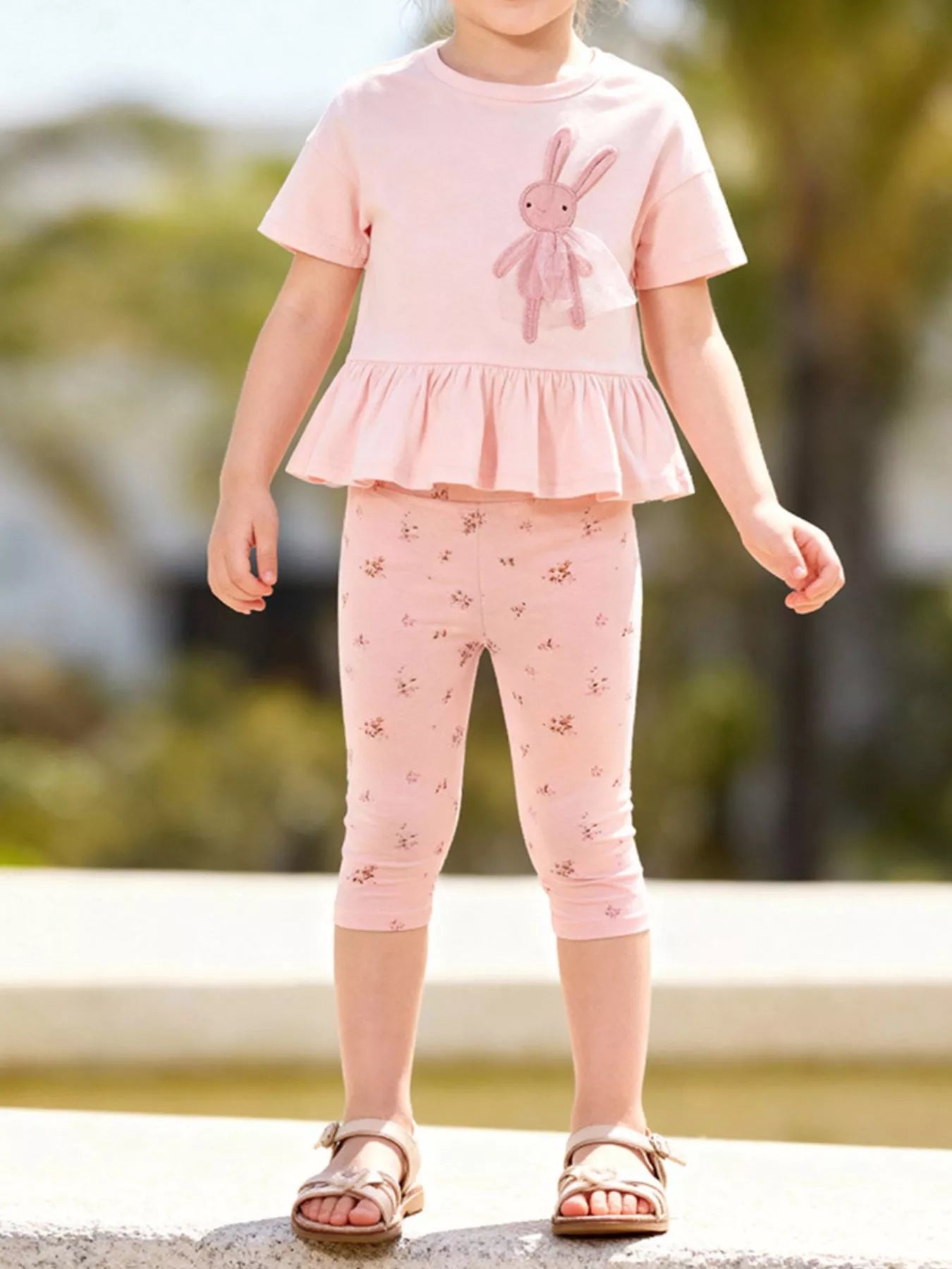 Children's Bunny Applique Peplum Top & Floral Print Leggings Set