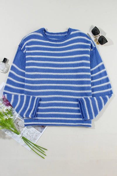 Explore More Collection - Striped Round Neck Dropped Shoulder Sweater