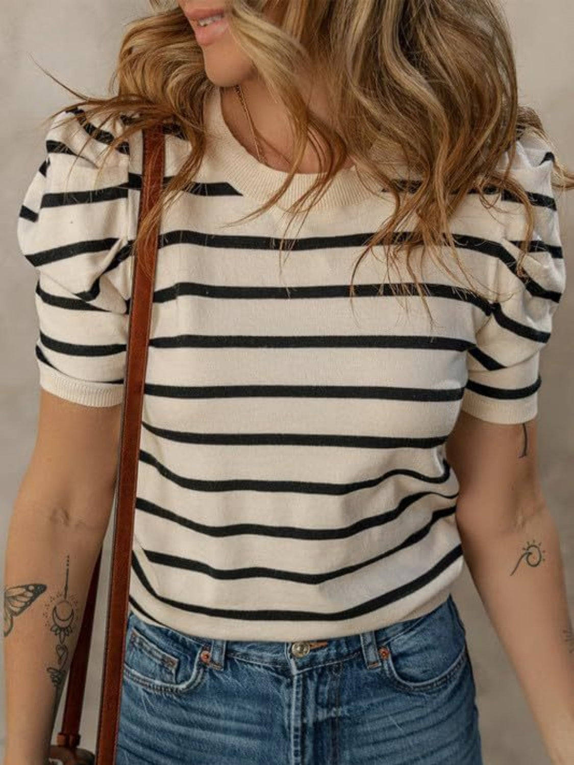 Explore More Collection - Striped Round Neck Puff Sleeve Knit Top