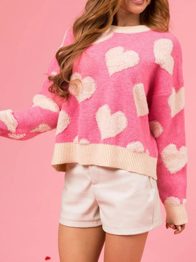 Explore More Collection - Valentine’s Day Fuzzy Heart Round Neck Long Sleeve Sweater