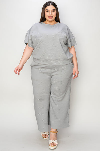 Explore More Collection - Double Take Full Size Texture Short Sleeve Top and Pants Set