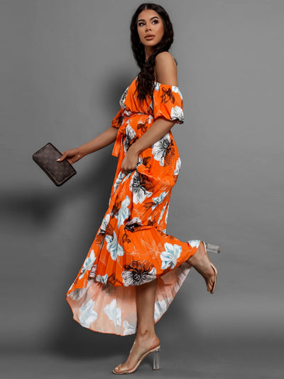 Explore More Collection - Pleated Floral Off-Shoulder Short Sleeve Midi Dress