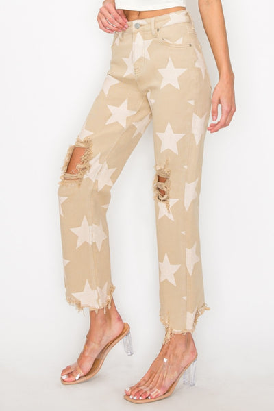 Explore More Collection - RISEN Full Size High Rise Star Printed Frayed Hem Jeans