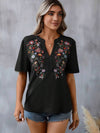 Explore More Collection - Embroidered Notched Short Sleeve T-Shirt