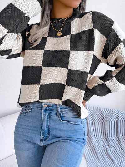 Explore More Collection - Checkered Mock Neck Long Sleeve Sweater