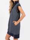 Explore More Collection - Full Size Pocketed Striped Quarter Zip Cap Sleeve Dress