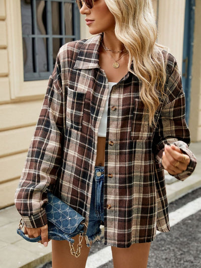 Explore More Collection - Plaid Collared Neck Long Sleeve Shirt