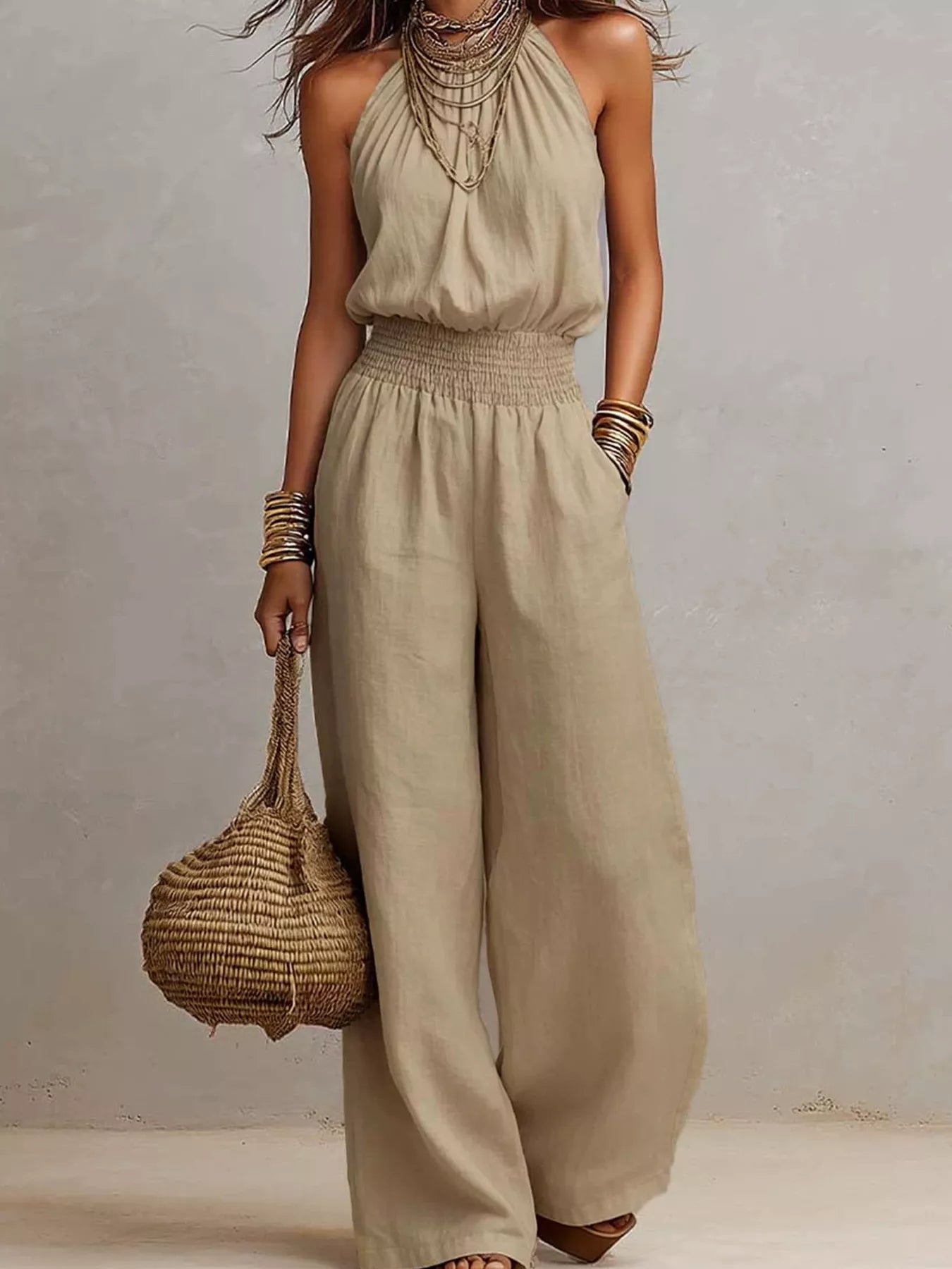 Halter Neck Wide-Leg Jumpsuit with Smocked Waist