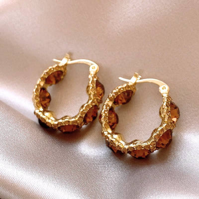 Coffee Crystal Circle Elegant Hoop Earrings
