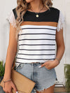 Explore More Collection - Lace Detail Striped Round Neck Cap Sleeve T-Shirt