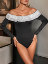 Explore More Collection - Perfee Sequin Ruffled Off-Shoulder Long Sleeve Bodysuit