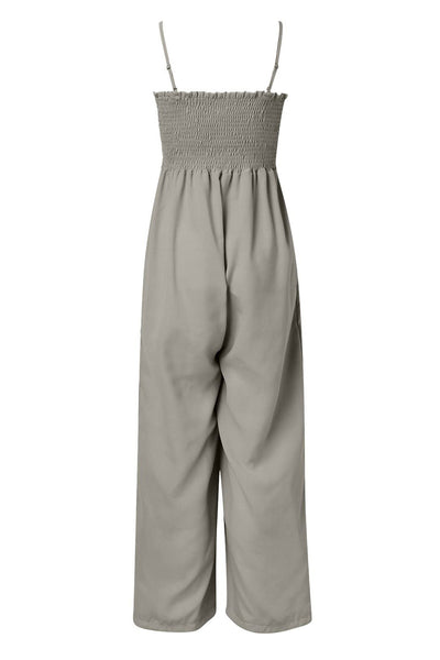 Explore More Collection - Smocked Spaghetti Strap Wide Leg Jumpsuit