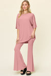 Explore More Collection - Double Take Full Size Round Neck Drop Shoulder T-Shirt and Flare Pants Set