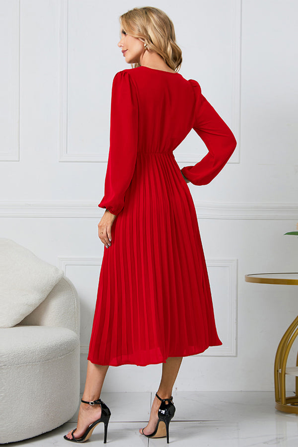 Explore More Collection - V-Neck Long Sleeve Tie Waist Midi Dress