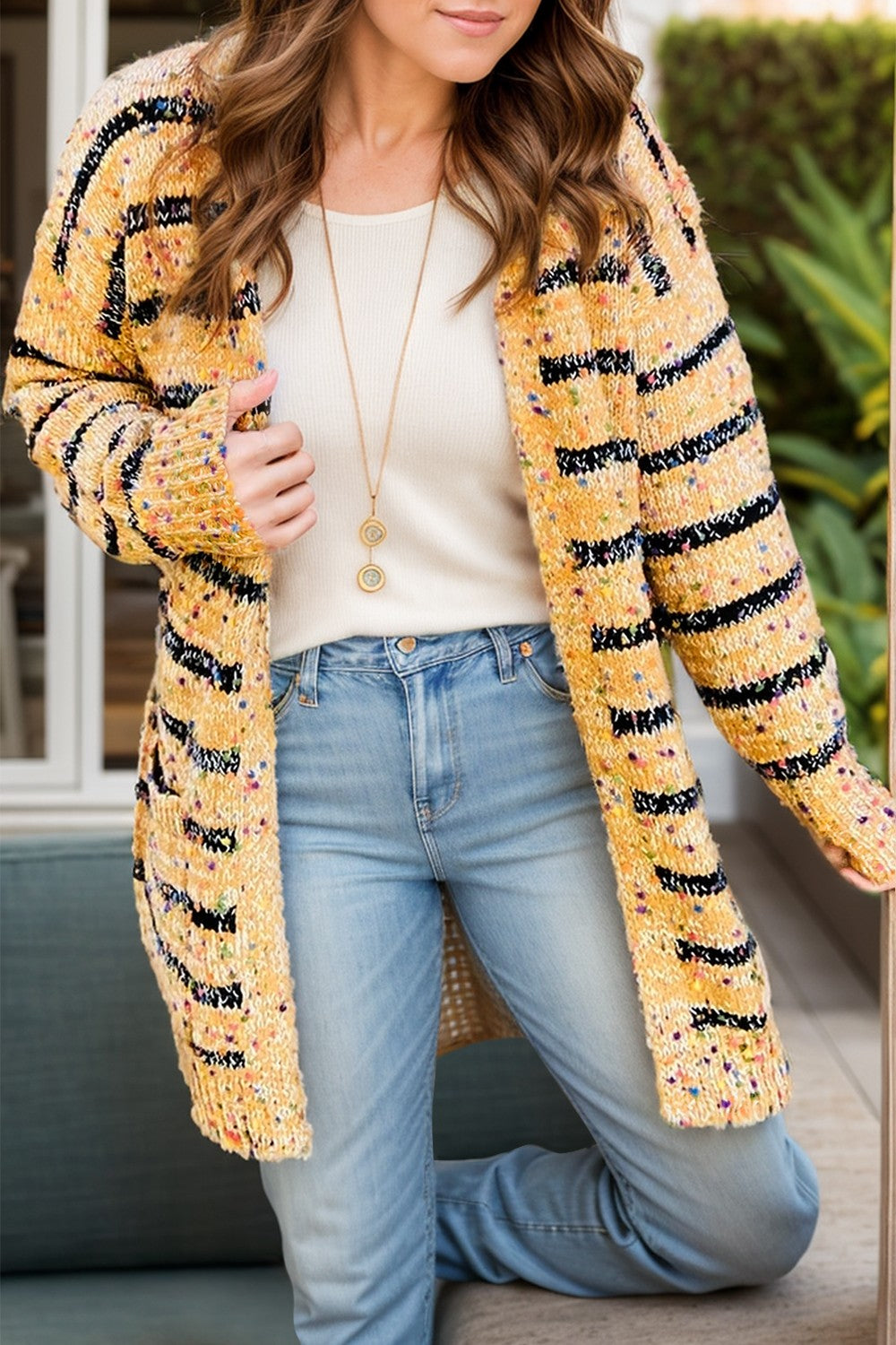 Explore More Collection - Striped Open Front Long Sleeve Cardigan