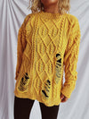 Explore More Collection - Distressed Cable-Knit Round Neck Long Sleeve Sweater