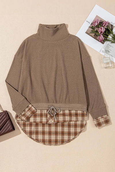 Explore More Collection - Drawstring Plaid Turtleneck Long Sleeve Top