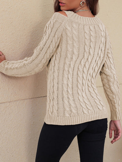 Explore More Collection - Honey Cable-Knit V-Neck Cold Shoulder Sweater