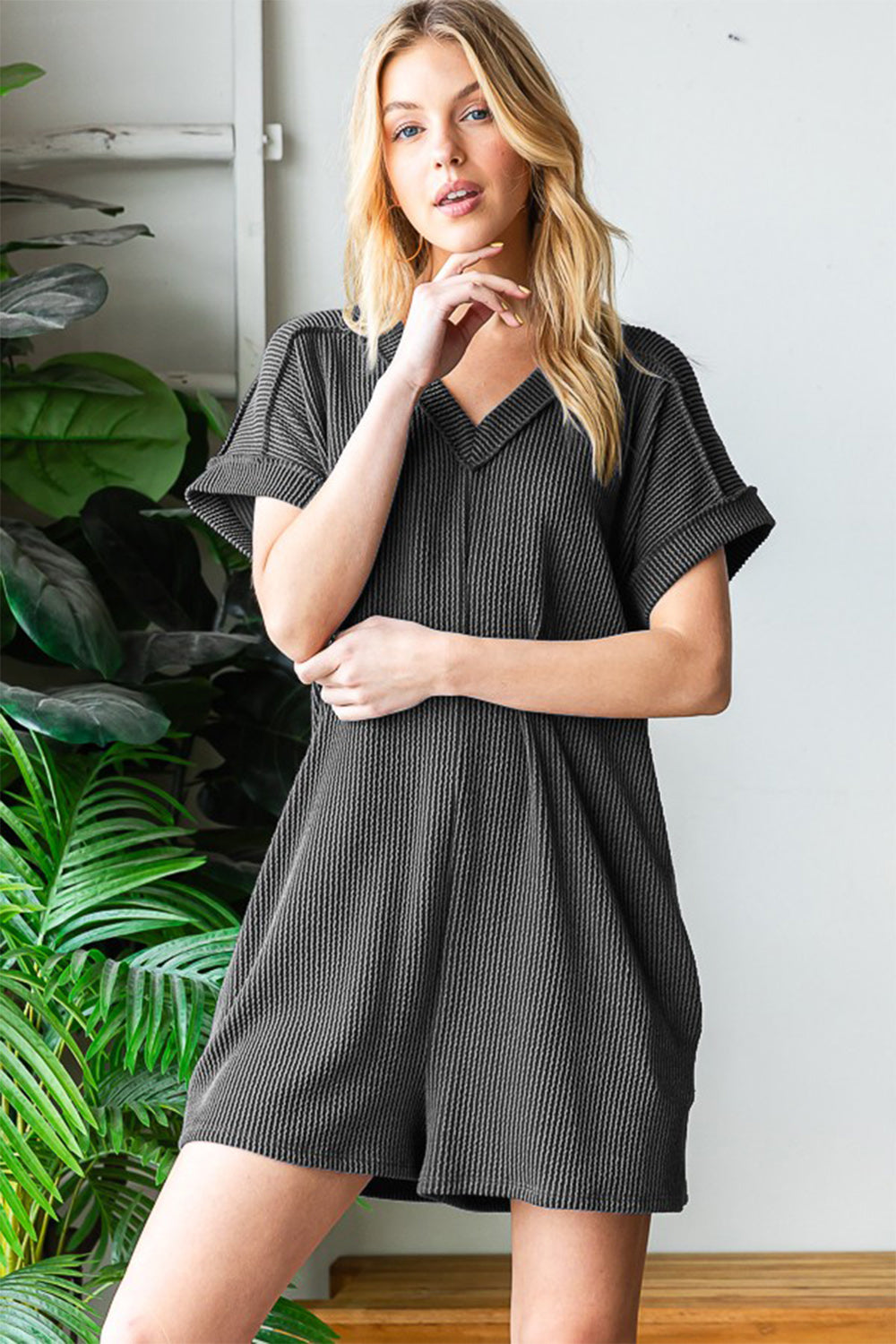 Explore More Collection - Heimish Full Size Short Sleeve Ribbed Romper with Pockets