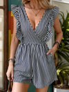 Explore More Collection - Ruffled Striped Surplice Cap Sleeve Romper