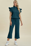 Explore More Collection - Double Take Full Size Texture Ruffle Short Sleeve Top and Wide Leg Pants Set