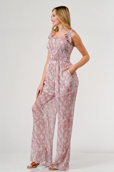 Explore More Collection - GeeGee Printed Tie Shoulder Wide Leg Jumpsuit