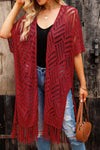 Explore More Collection - Openwork Open Front Cardigan with Fringes