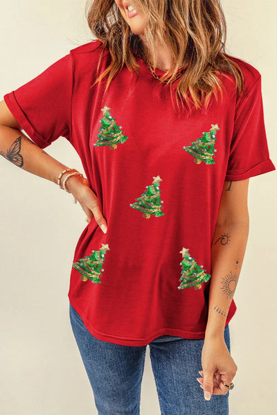 Explore More Doorbusters - Sequin Christmas Tree Round Neck Short Sleeve T-Shirt