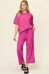 Explore More Collection - Double Take Full Size Texture Round Neck Short Sleeve T-Shirt and Wide Leg Pants