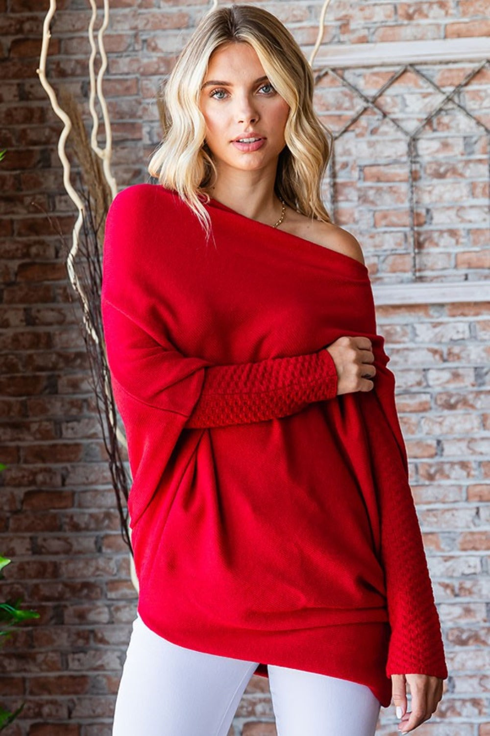 Explore More Collection - First Love Full Size Asymmetrical Hem Dolman Sleeve Sweater