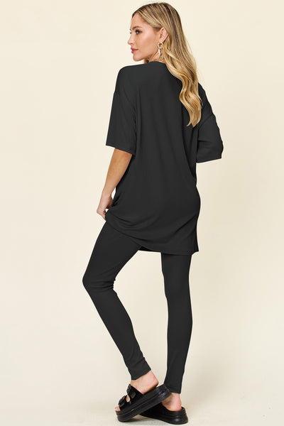 Explore More Collection - Double Take Full Size Round Neck Dropped Shoulder T-Shirt and Leggings Set