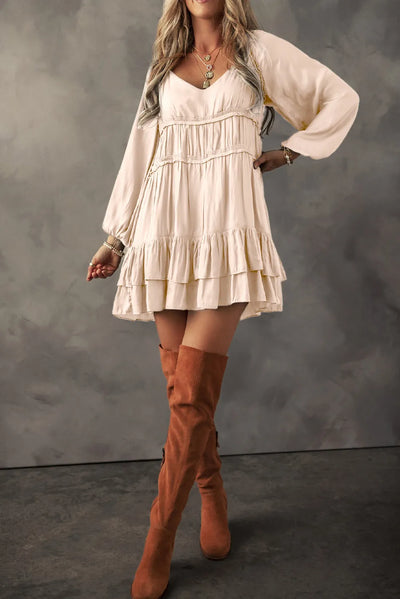 Explore More Collection - Frill Ruffled V-Neck Long Sleeve Mini Dress