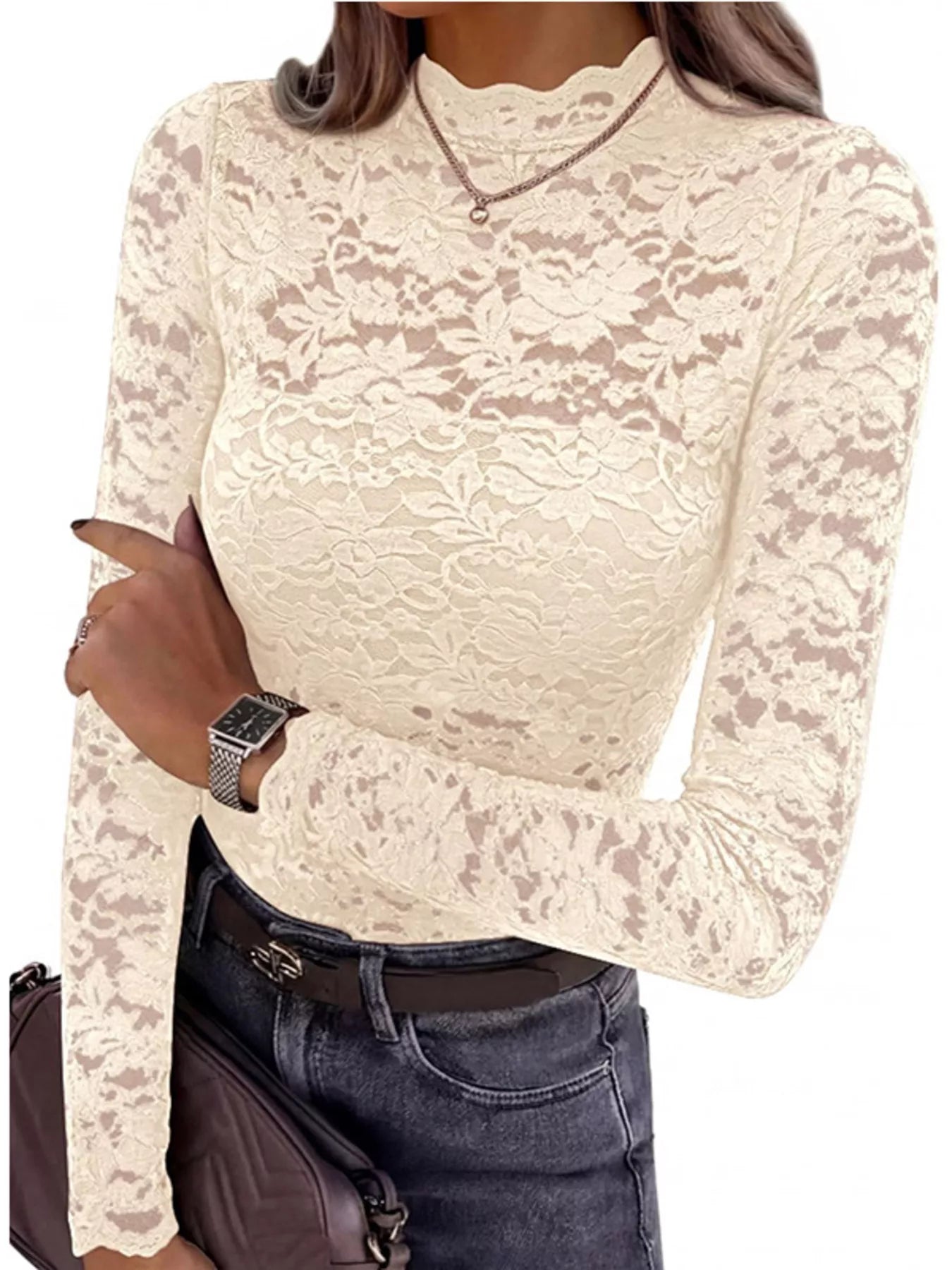 Mock Neck Floral Lace Long Sleeve Blouse