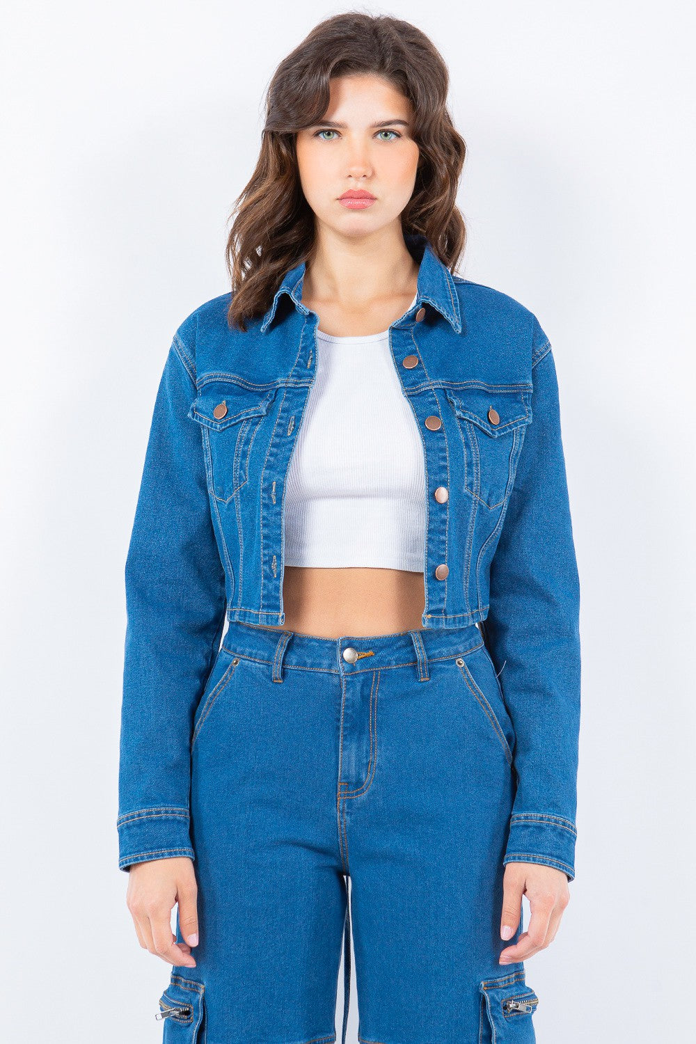 Explore More Collection - American Bazi Laced Back Cropped Denim Jacket