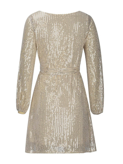 Explore More Collection - Sequin Tie Waist Long Sleeve Mini Dress