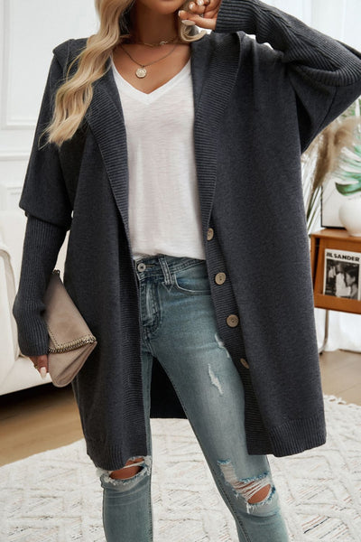 Explore More Collection - Button Up Long Sleeve Hooded Cardigan