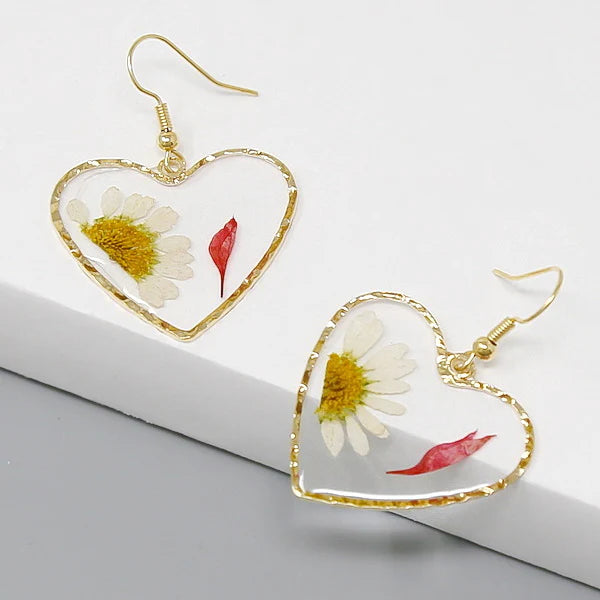 Pressed Flower Acrylic Heart Earrings