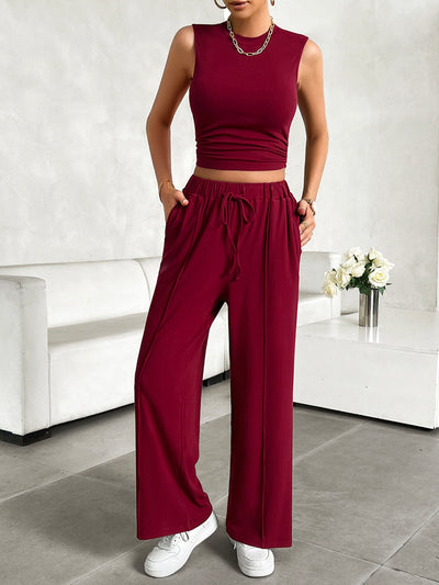 Explore More Collection - Mock Neck Sleeveless Top and Drawstring Pants Set