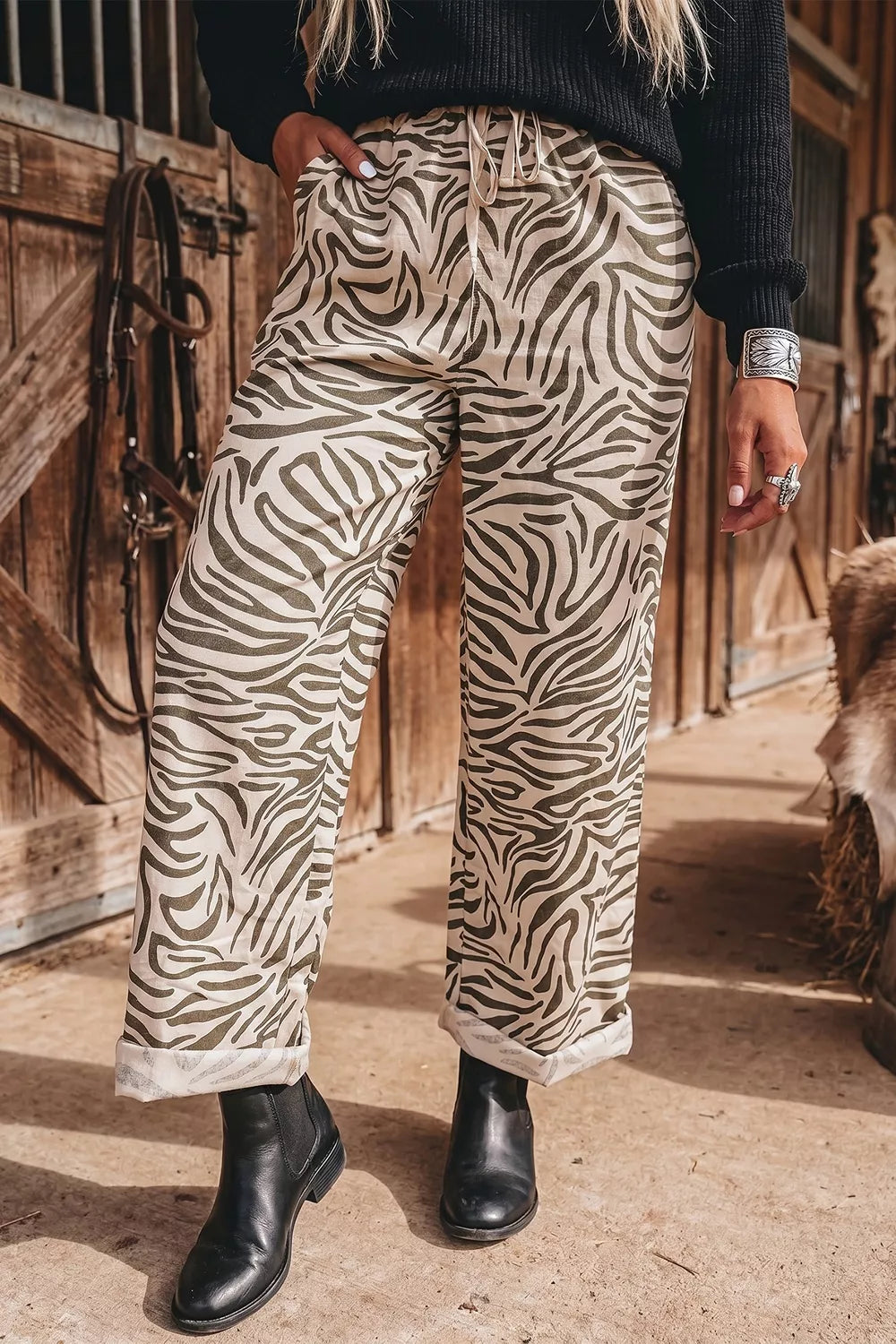 Multicolour Western Print Zebra Pattern Elastic Waist Pocket Pants