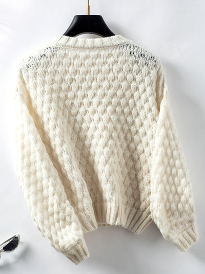 Explore More Collection - Cable-Knit Round Neck Long Sleeve Sweater