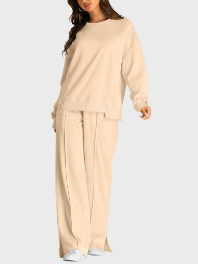 Explore More Collection - Round Neck Long Sleeve Top and Slit Pants Set