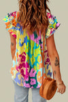 Explore More Collection - Ruffled Printed Tie Neck Cap Sleeve Blouse