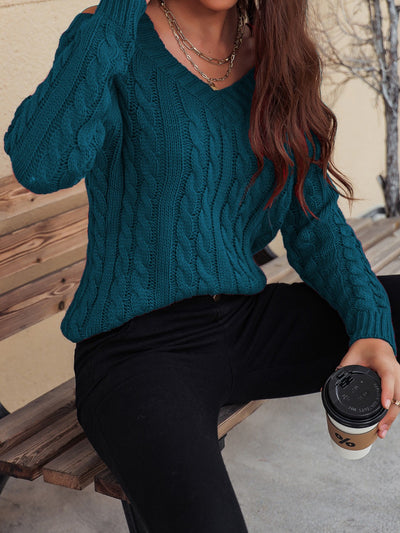 Explore More Collection - Honey Cable-Knit V-Neck Cold Shoulder Sweater